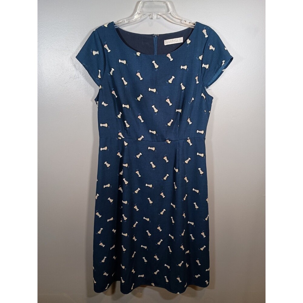 ModCloth Sugarhill Cap Sleeve Milkshake Navy tea length A Line Dress Size 10